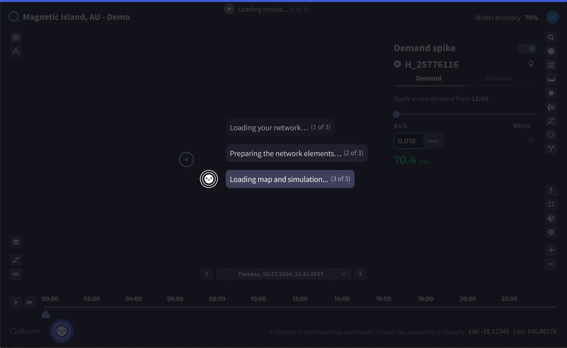 Qatium simulator showing the redesigned blocking state: the map dims behind a centered three-step progress list — 'Loading your network', 'Preparing the network elements', and 'Loading map and simulation' — with a staged status indicator, so a large calculation blocks the UI while telling the user exactly where it is