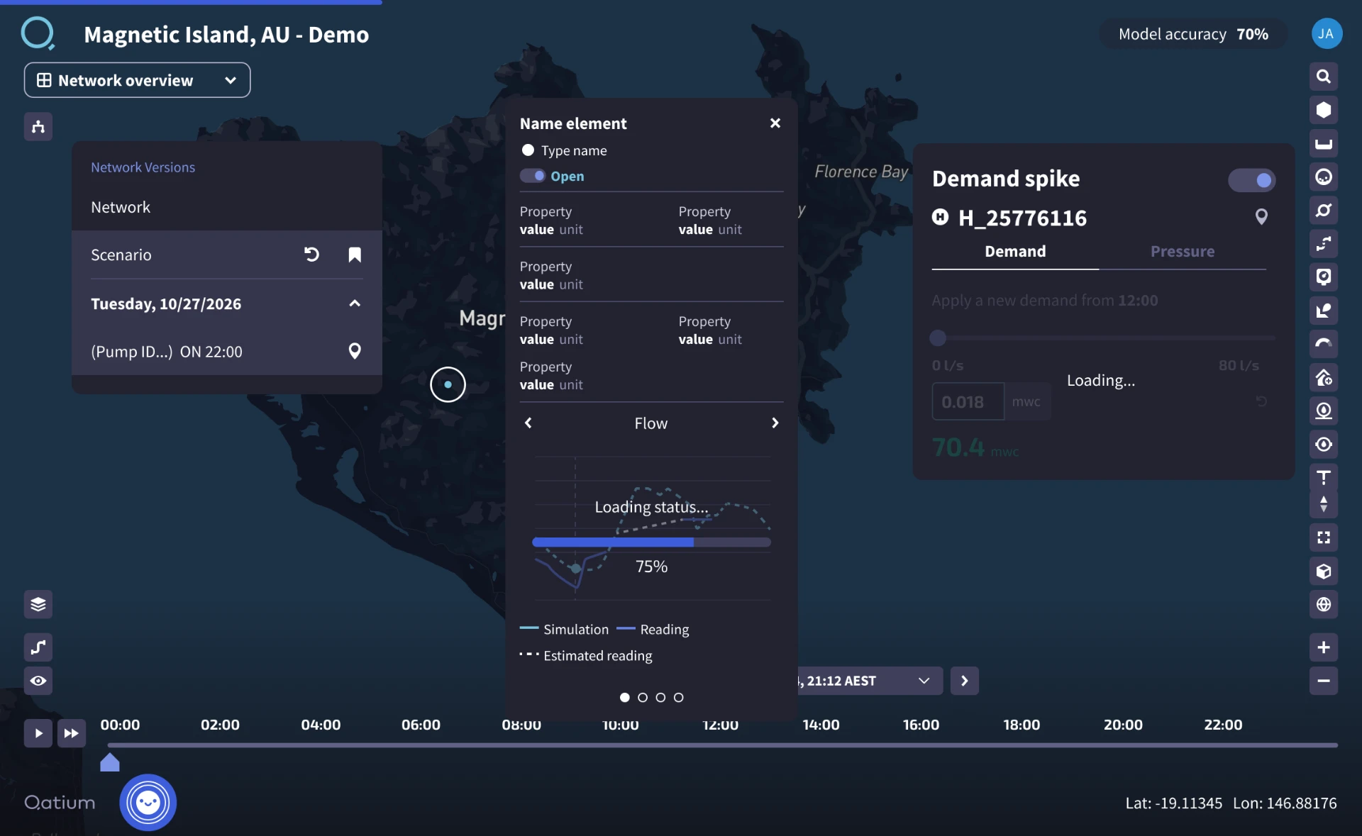 Qatium simulator showing the old uncoordinated feedback mid-scenario: the 'Flow' chart shows a standalone 'Loading status...' progress bar at 75% while the 'Demand spike' panel separately reads 'Loading...', generic 'value unit' placeholders fill the property grid, and the map stays fully interactive — four disconnected cues firing out of step