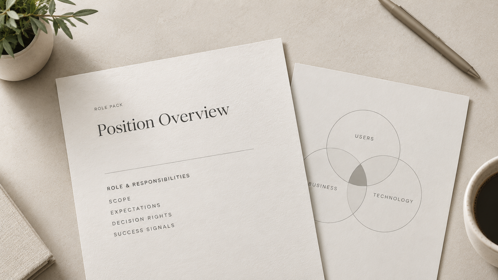 Printed role pack pages showing a position overview and a users, business and technology diagram